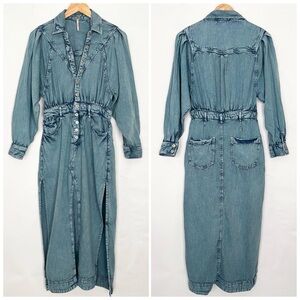 Free People Mad Love Denim Midi Dress Long Sleeves Side Slits Size Small Blue